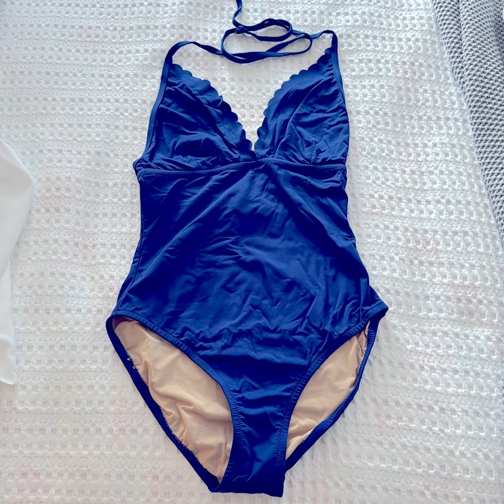 J.Crew Blue scalloped edge halter tie swimsuit